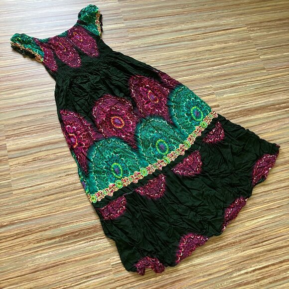 Boho Peasant Maxi Dress Cap Sleeve Mandala Print Smocked Bodice One Size Reg - Picture 4 of 5